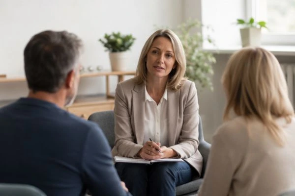 Couple discussing financial arrangement , pensions in divorce Torquay